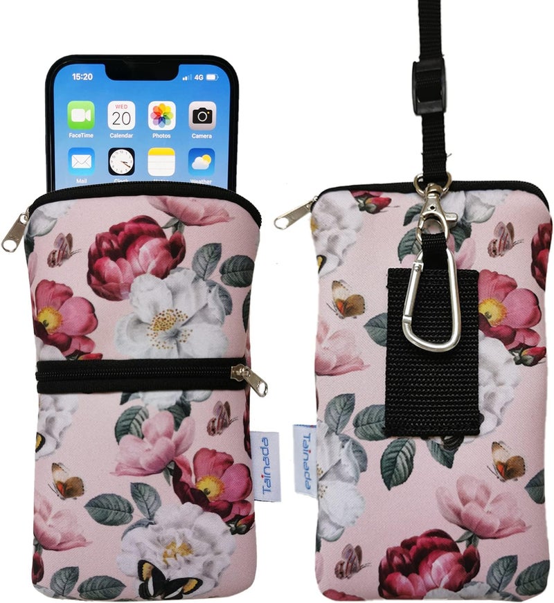 Tainada Women Cell Phone Neoprene Shockproof Zipper Sleeve Case Bag Pouch w/Carabiner, Neck Lanyard, Belt Loop Holster for iPhone 17/16 Pro Max, Air, 16/15 Plus, 16e ; Samsung S25+, S24 (Pink Floral) - Image 1