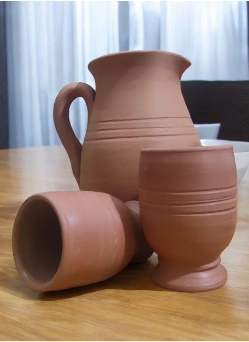 ماركة غير محددة ابريق ماء من الفخار تقليدي مصنوع يدويا مع كوبين متناسقين  - Image 1