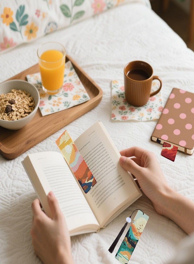 فواصل كتب فنية ماسية بتصميم مناظر طبيعية خلابة - 6 قطع من مجموعات فواصل الكتب المزينة برسومات غروب الشمس الماسية مع شرابات، ومجموعة أدوات فنية يدوية من أحجار الراين بتصميم شروق الشمس للبالغين والنساء - Image 3