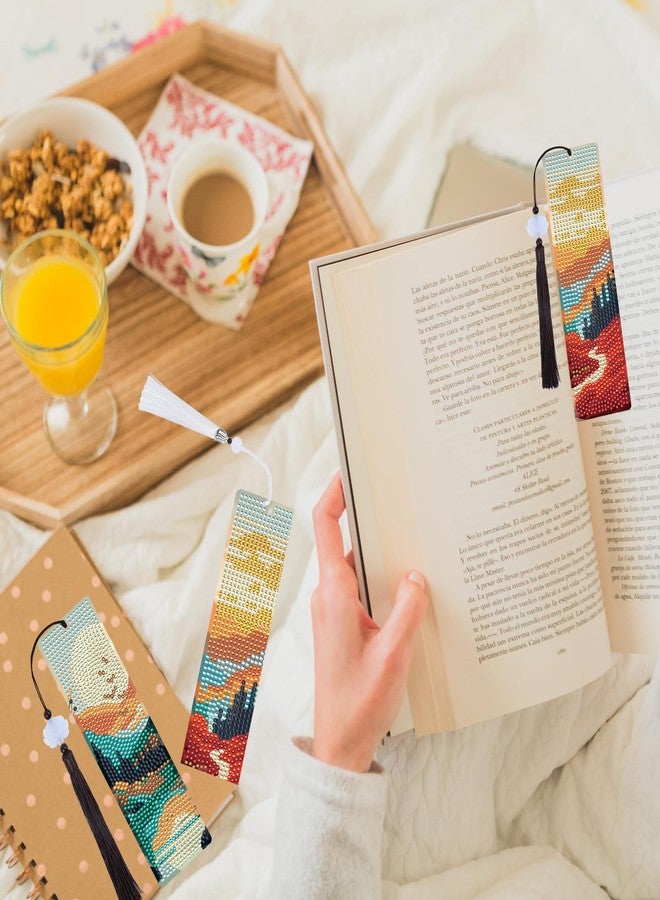 فواصل كتب فنية ماسية بتصميم مناظر طبيعية خلابة - 6 قطع من مجموعات فواصل الكتب المزينة برسومات غروب الشمس الماسية مع شرابات، ومجموعة أدوات فنية يدوية من أحجار الراين بتصميم شروق الشمس للبالغين والنساء - Image 4