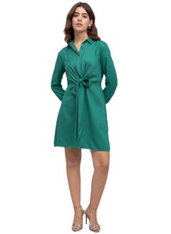 Dennis Lingo Green Regular Fit Tie-Up Dress for Women - Cotton Viscose Flex, Full Sleeves, Casual,  - Image 3