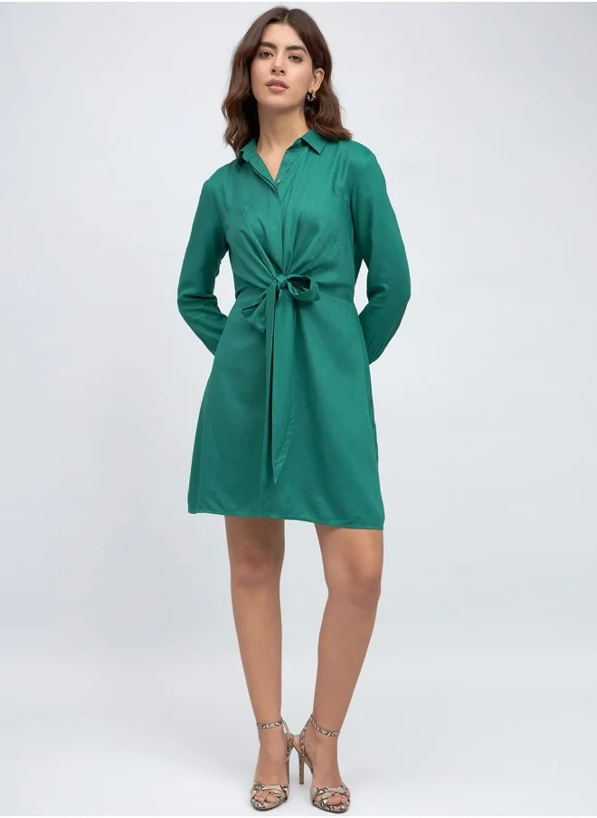 Dennis Lingo Green Regular Fit Tie-Up Dress for Women - Cotton Viscose Flex, Full Sleeves, Casual