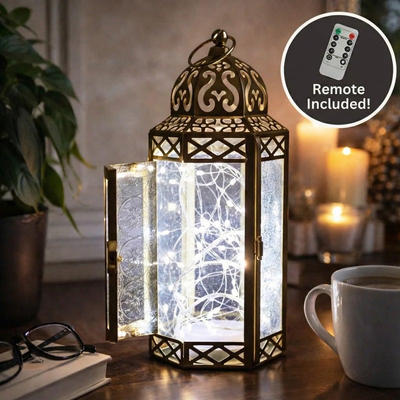 Vela Lanterns 10.5â€ Gold Metal Moroccan Decorative Candle Lantern with White LED Twinkle Fairy Lights & Remote â€“ Wedding Table Centerpieces, Ramadan, Indoor Home Decor, Outdoor Patio & Porch, Medium - Image 4
