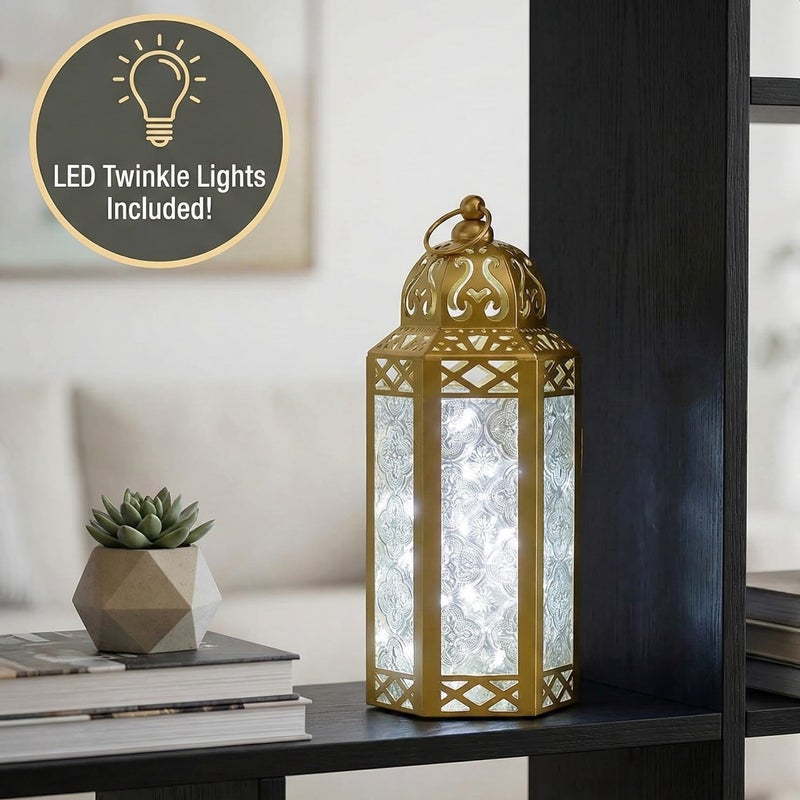 Vela Lanterns 10.5â€ Gold Metal Moroccan Decorative Candle Lantern with White LED Twinkle Fairy Lights & Remote â€“ Wedding Table Centerpieces, Ramadan, Indoor Home Decor, Outdoor Patio & Porch, Medium - Image 2