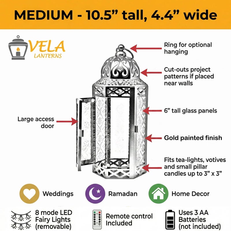 Vela Lanterns 10.5â€ Gold Metal Moroccan Decorative Candle Lantern with White LED Twinkle Fairy Lights & Remote â€“ Wedding Table Centerpieces, Ramadan, Indoor Home Decor, Outdoor Patio & Porch, Medium - Image 5