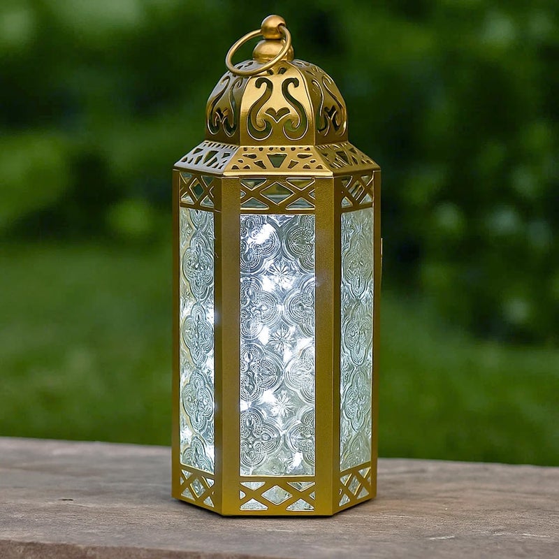 Vela Lanterns 10.5â€ Gold Metal Moroccan Decorative Candle Lantern with White LED Twinkle Fairy Lights & Remote â€“ Wedding Table Centerpieces, Ramadan, Indoor Home Decor, Outdoor Patio & Porch, Medium - Image 1