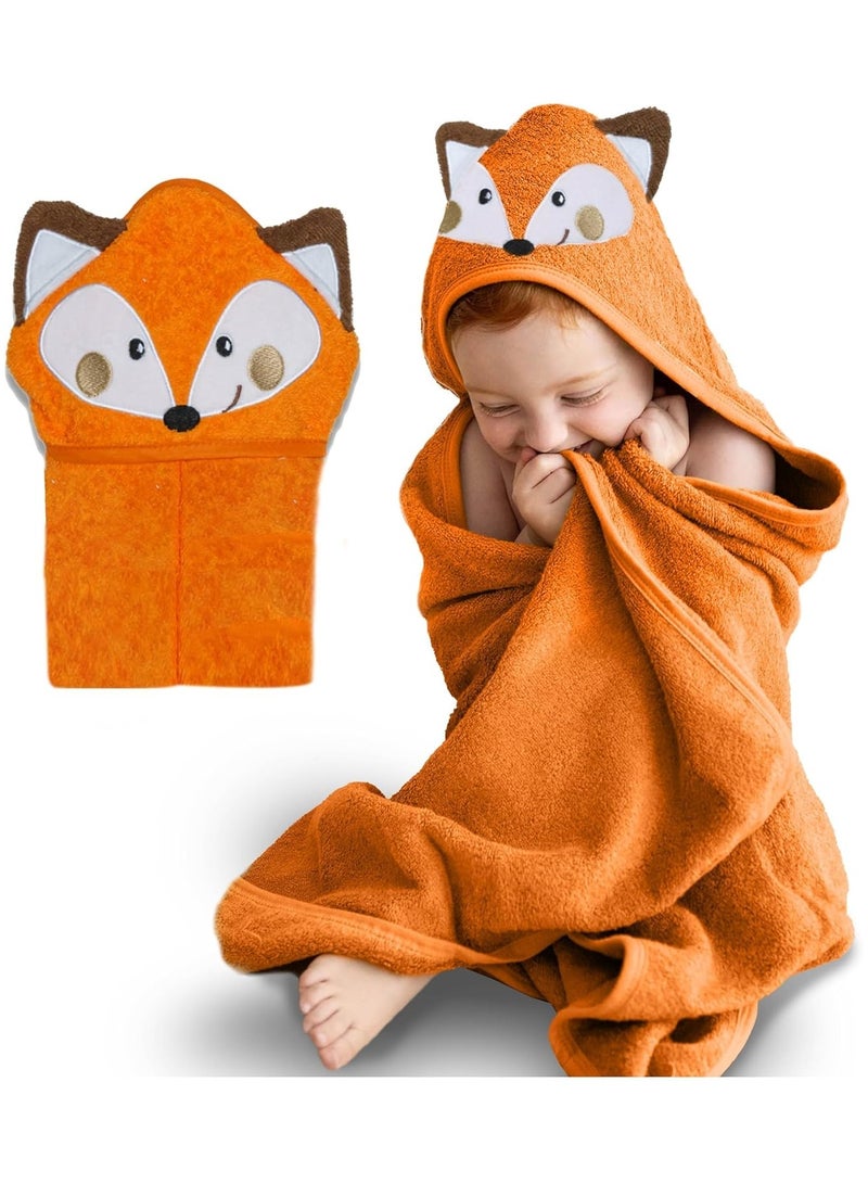 Mothers Choice Hooded Baby Towel Fox 3D Ears -100% Cotton Baby Towel -Soft & Snuggly Baby Towel - 84x84 cm- Newborn to 4 Years - Orange - Image 1