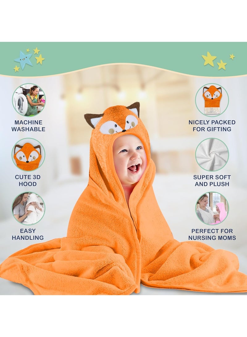 Mothers Choice Hooded Baby Towel Fox 3D Ears -100% Cotton Baby Towel -Soft & Snuggly Baby Towel - 84x84 cm- Newborn to 4 Years - Orange - Image 3