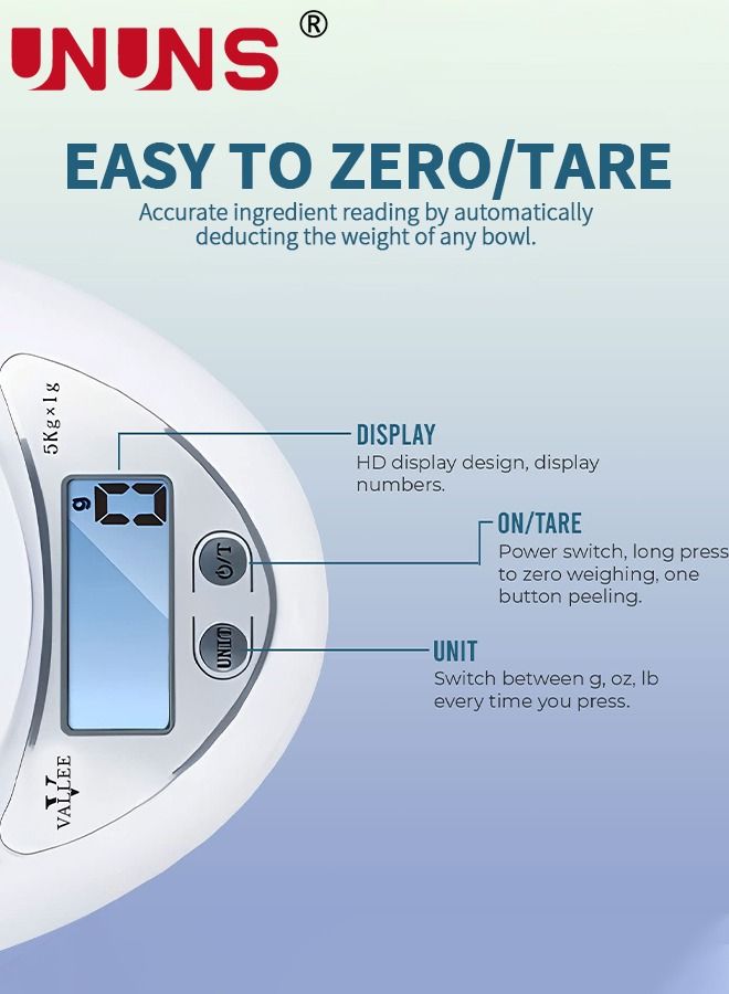 UNUNS Food Scale With Bowl,Plastic Food Scale Weight With LCD Digital Display,5KG With 1g Precision,Kitchen Scales Digital Weight Grams And oz For Cooking,Baking - Image 4