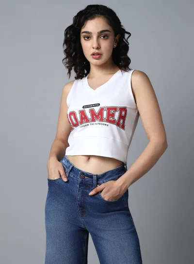 HIGH STAR White Typography Printed Crop Top for Women with High-Rise Waist