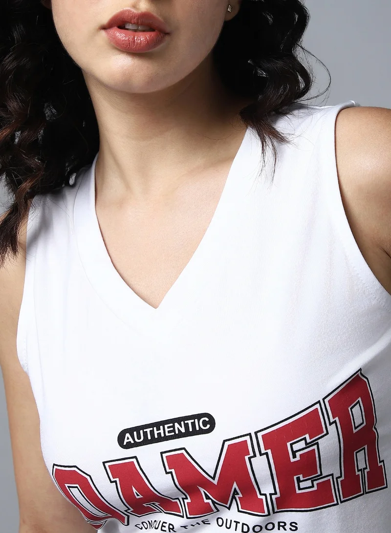 HIGH STAR White Typography Printed Crop Top for Women with High-Rise Waist