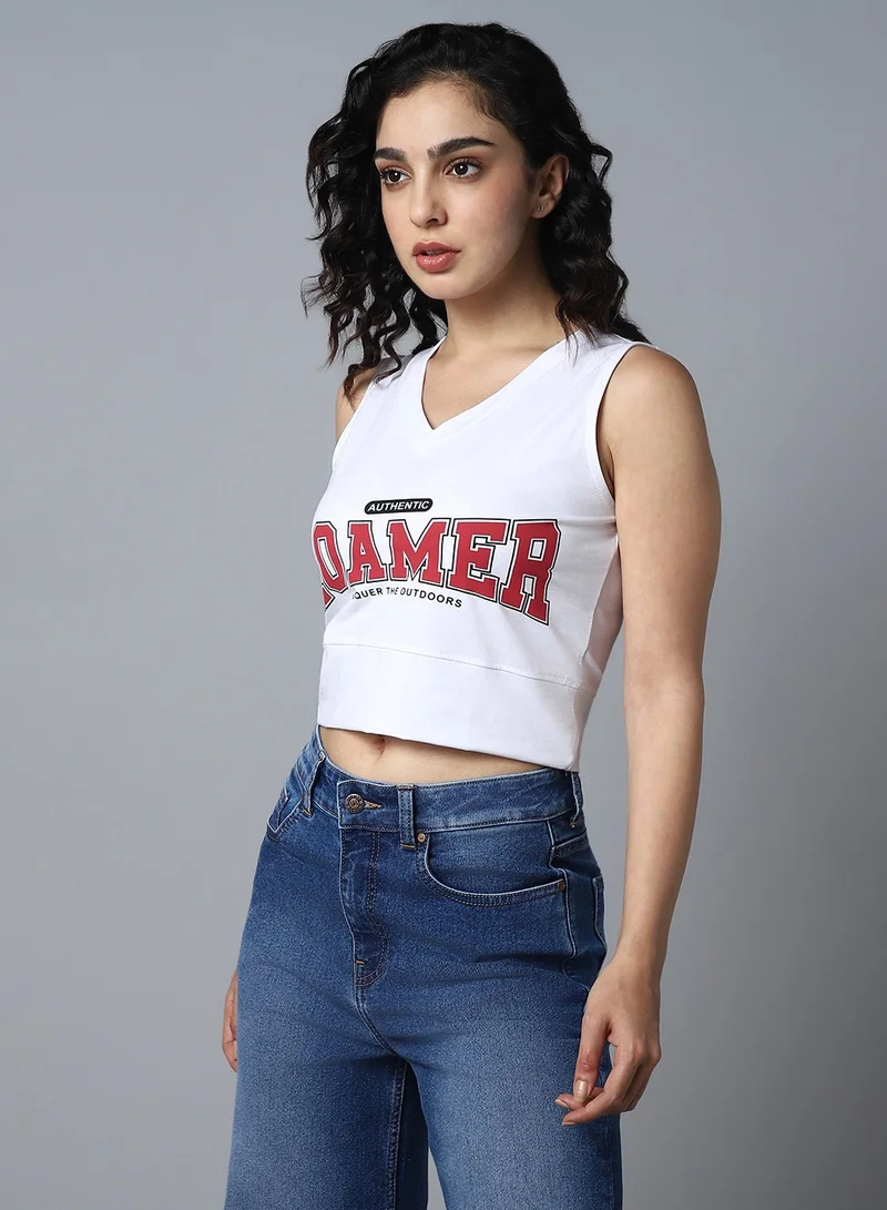 HIGH STAR White Typography Printed Crop Top for Women with High-Rise Waist