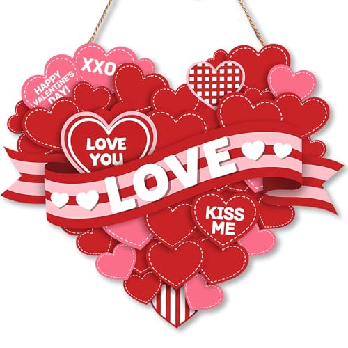 DISENB Valentines Day Wreath Wooden Heart Hanging Sign Layered Heart Design with Red Pink Soft Pink Color Palettes, Wooden Ribbon Style Accents Romantic Love Phrases, Festive Door Wall Mantel Decor for Valentine’s Day Red - Image 1