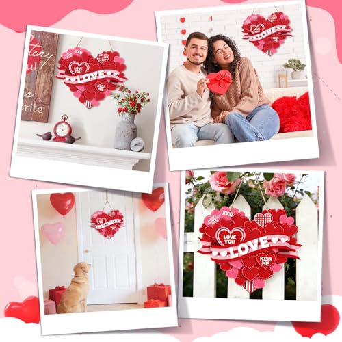 DISENB Valentines Day Wreath Wooden Heart Hanging Sign Layered Heart Design with Red Pink Soft Pink Color Palettes, Wooden Ribbon Style Accents Romantic Love Phrases, Festive Door Wall Mantel Decor for Valentine’s Day Red - Image 3