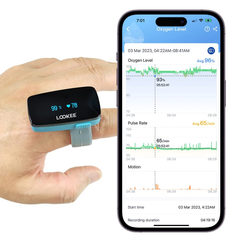 خاتم لوكي O2Tracker مقياس التأكسج النبضي القابل للارتداء مع تذكير بالاهتزاز لمستويات الأكسجين المنخفضة مقياس تشبع الأكسجين في الدم SpO2 مع تطبيق مجاني وتقارير