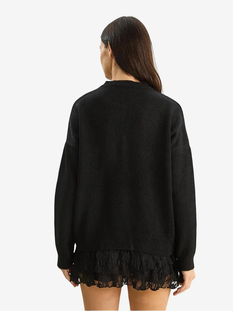 Bianco Lucci Black LUCCI Thick Ribbed Knit Cardigan with Button Closure for Women | Best Price UAE