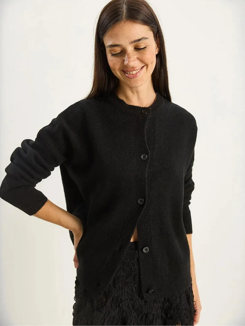 Bianco Lucci Black LUCCI Thick Ribbed Knit Cardigan with Button Closure for Women | Best Price UAE