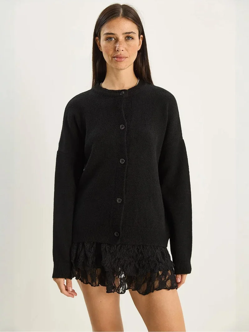 Bianco Lucci Black LUCCI Thick Ribbed Knit Cardigan with Button Closure for Women | Best Price UAE