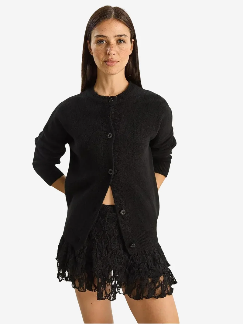 Bianco Lucci Black LUCCI Thick Ribbed Knit Cardigan with Button Closure for Women | Best Price UAE