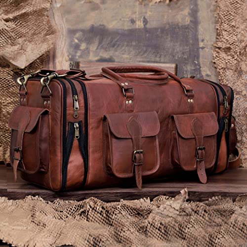 cuero حقيبة دفل جلدية للأسبوعend للنساء والرجال والفتيات والفتيان سفر عتيق مع حزام كتف 20 بوصة مصنوعة يدويًا هدايا رائعة له من Cureo - Image 5