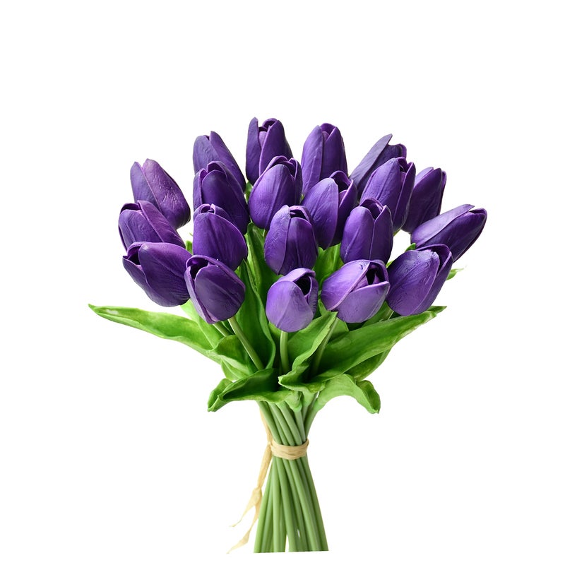 Mandy's Artificial Tulips 20 Stems Dark Purple PU Faux Flowers for Valentine's Day and Easter Decorations Wedding Home Decor 13.5 Inch - Image 1