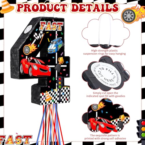 Harrycle Race Car Piata Pull String Cars Piatas for Birthday Party Decorations Number 2 3 4 5 6 with Blindfold Stick Small Red Black Racing Theme 2nd 3rd 4th 5th 6th Party SuppliesNumber 4 - Image 5