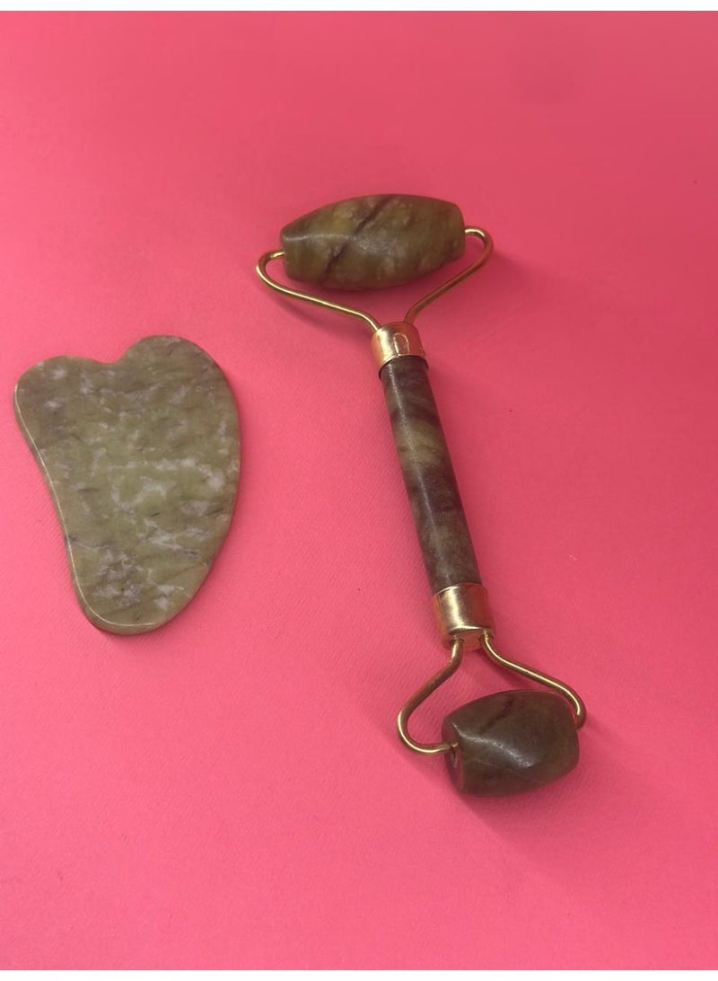 مجموعة أدوات غوا شا الطبيعية المضادة للشيخوخة للوجه، بكرة اليشم الأخضر لتدليك الوجه والرقبة - Image 1