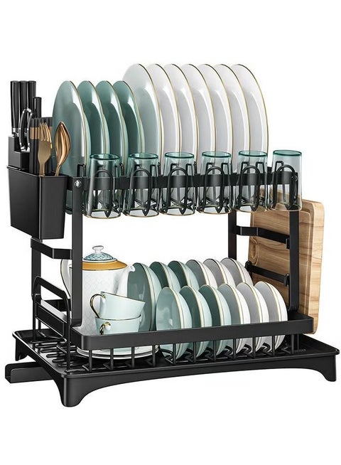 Double-layer kitchen dish drain rack | Carbon steel rust-proof cutlery storage rack with knife cup rack and cutting board rack | Rotatable drain port | Foldable design, 50 catties load-bearing, large-capacity storage rack (black)