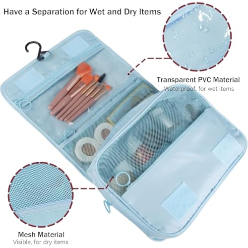 Sprqcart Hanging Toiletry Bag for Travel – Large Makeup Organizer Pouch – Professional Cosmetic Storage Case – Grooming Kit with Compartments for Toiletries, Beauty Essentials, and Accessories | Blue - Image 3