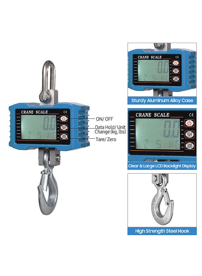 Digital Hanging Scale 1000kg/ 2204lbs Portable Heavy Duty Crane Scale LCD Backlight Industrial Hook Scales Unit Change/ Data Hold/ Tare/ Zero