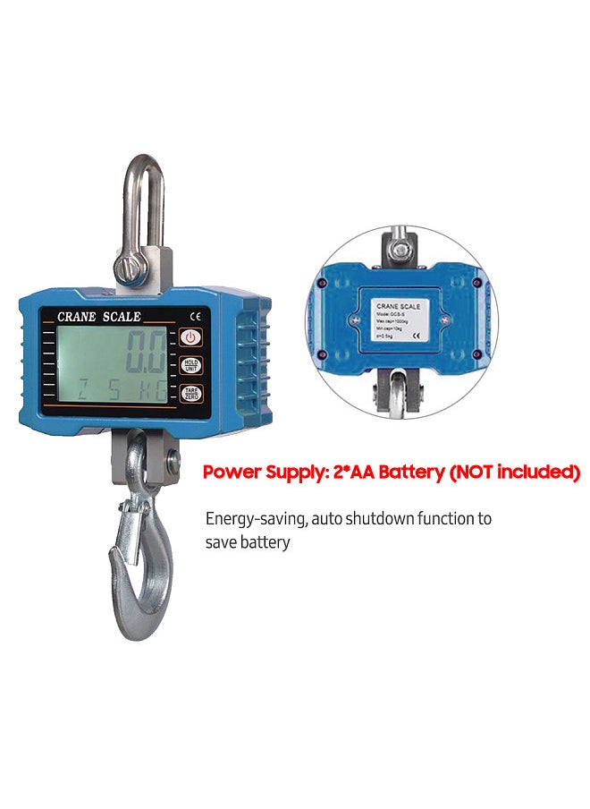 Digital Hanging Scale 1000kg/ 2204lbs Portable Heavy Duty Crane Scale LCD Backlight Industrial Hook Scales Unit Change/ Data Hold/ Tare/ Zero