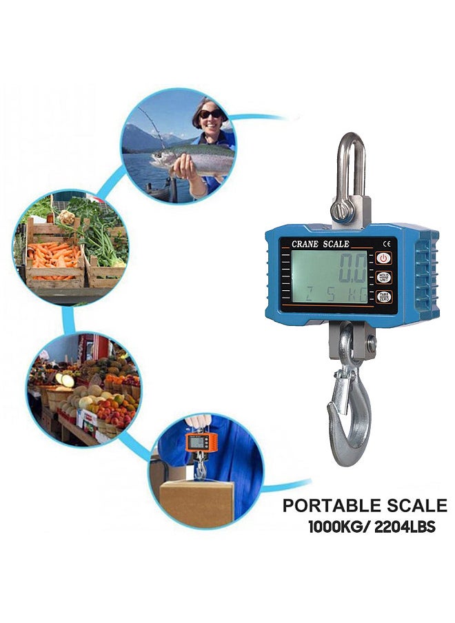 Digital Hanging Scale 1000kg/ 2204lbs Portable Heavy Duty Crane Scale LCD Backlight Industrial Hook Scales Unit Change/ Data Hold/ Tare/ Zero