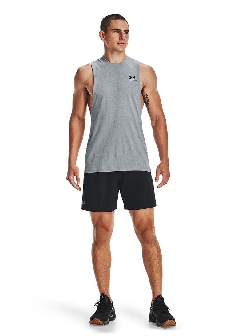 Under Armour Steel Light Heather / Black Chest Logo Cut-Off Top for Men | Best Price UAE