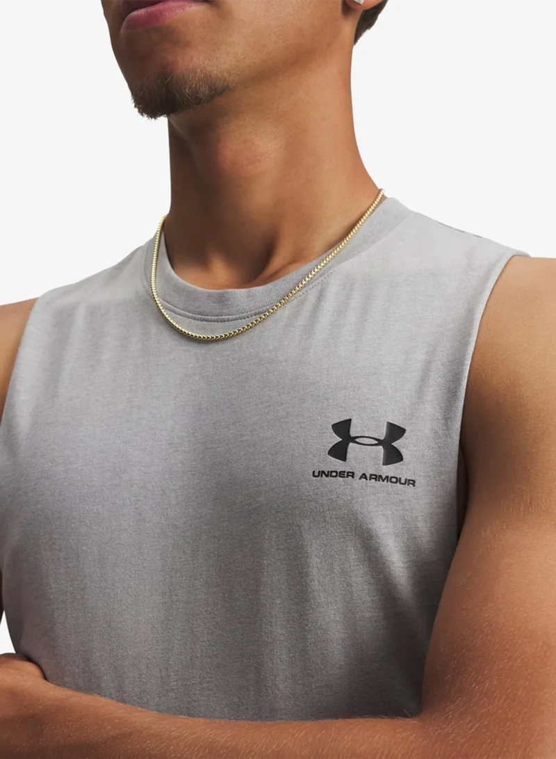Under Armour Steel Light Heather / Black Chest Logo Cut-Off Top for Men | Best Price UAE
