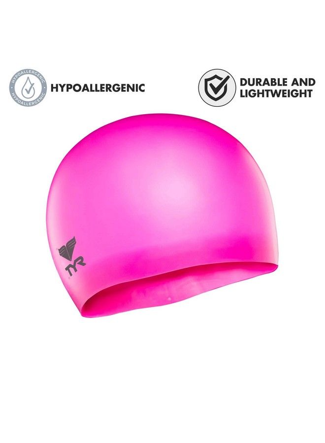 TYR Wrinkle Free Junior Silicone Swim Cap (Fluro Pink) - Image 3