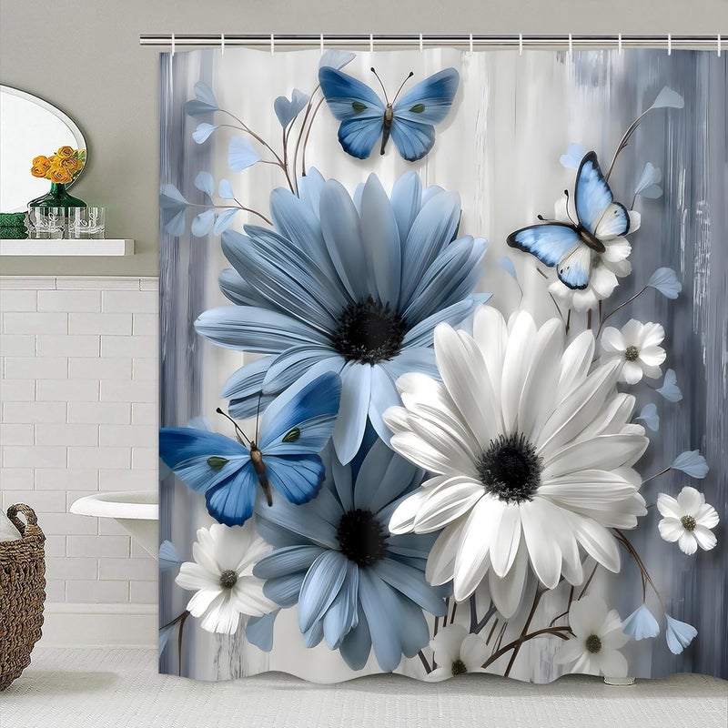 AZHM 4PCS Daisy Shower Curtain Sets with Rugs Blue and White Floral with Butterfly Bathroom Decor Set with Rugs and Accessories Farmhouse Country Shower Curtains for Bathroom - Image 5