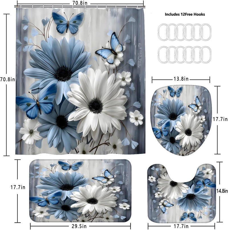 AZHM 4PCS Daisy Shower Curtain Sets with Rugs Blue and White Floral with Butterfly Bathroom Decor Set with Rugs and Accessories Farmhouse Country Shower Curtains for Bathroom - Image 4