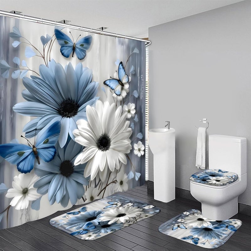 AZHM 4PCS Daisy Shower Curtain Sets with Rugs Blue and White Floral with Butterfly Bathroom Decor Set with Rugs and Accessories Farmhouse Country Shower Curtains for Bathroom - Image 1