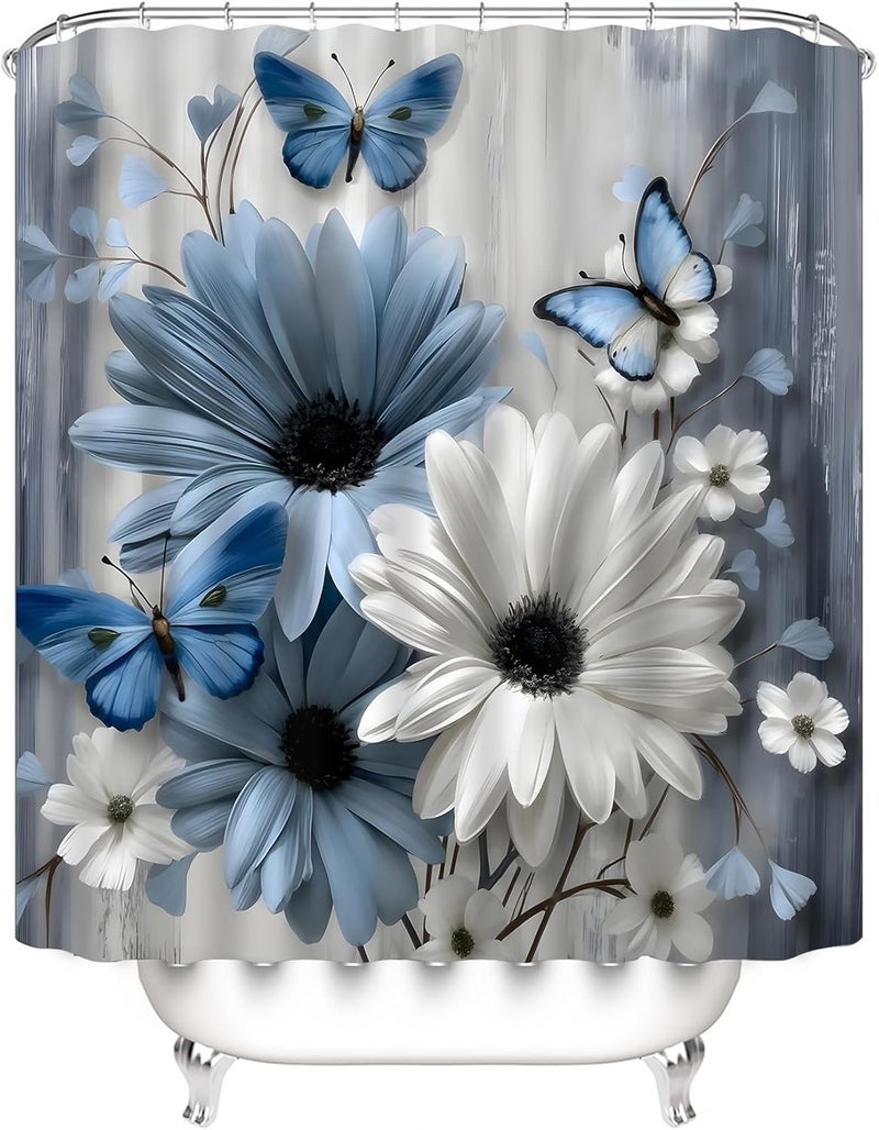 AZHM 4PCS Daisy Shower Curtain Sets with Rugs Blue and White Floral with Butterfly Bathroom Decor Set with Rugs and Accessories Farmhouse Country Shower Curtains for Bathroom - Image 2