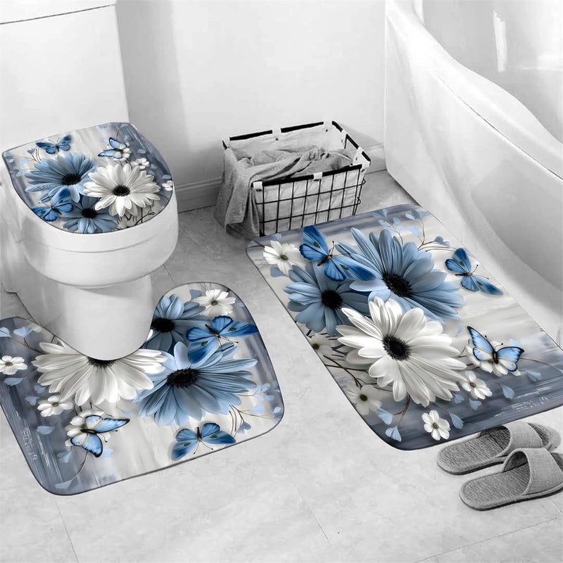 AZHM 4PCS Daisy Shower Curtain Sets with Rugs Blue and White Floral with Butterfly Bathroom Decor Set with Rugs and Accessories Farmhouse Country Shower Curtains for Bathroom - Image 3
