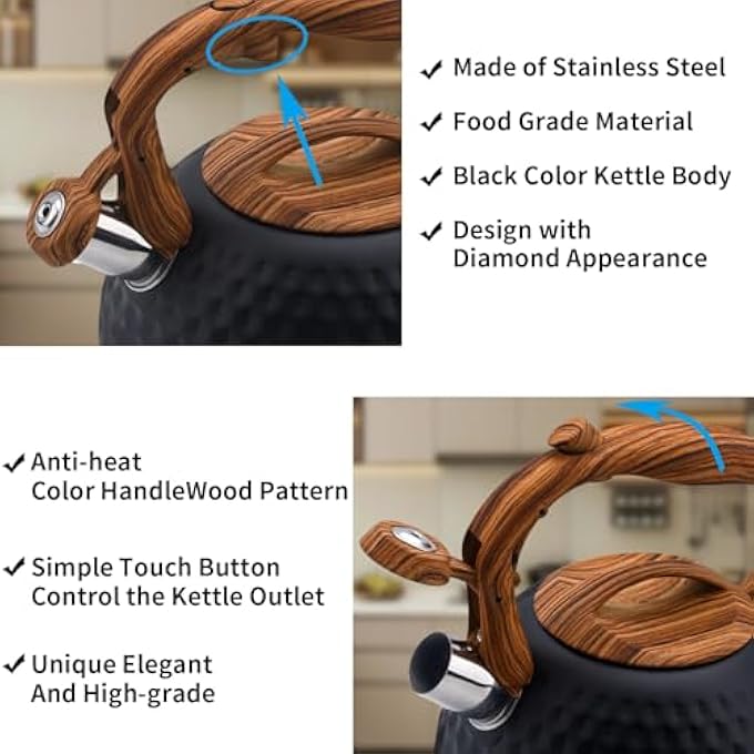 Funito Tea Kettle For Stove Top Loud Whistling Kettle For Boiling Water Coffee Or Milk 31 Quart 3L Heavy Stainless Steel Black Kettle With Wood Pattern Handle Unique Button Control Kettle Outlet - Image 4