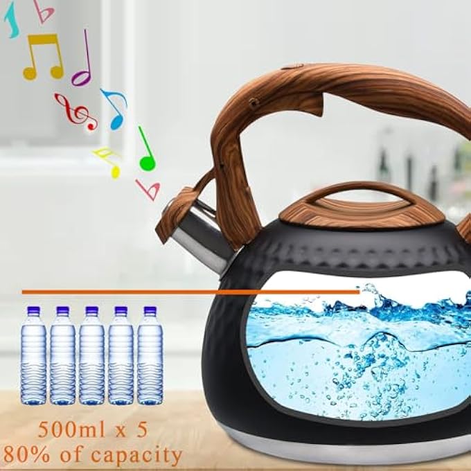 Funito Tea Kettle For Stove Top Loud Whistling Kettle For Boiling Water Coffee Or Milk 31 Quart 3L Heavy Stainless Steel Black Kettle With Wood Pattern Handle Unique Button Control Kettle Outlet - Image 5