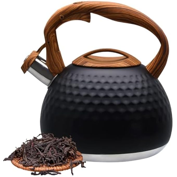 Funito Tea Kettle For Stove Top Loud Whistling Kettle For Boiling Water Coffee Or Milk 31 Quart 3L Heavy Stainless Steel Black Kettle With Wood Pattern Handle Unique Button Control Kettle Outlet - Image 2