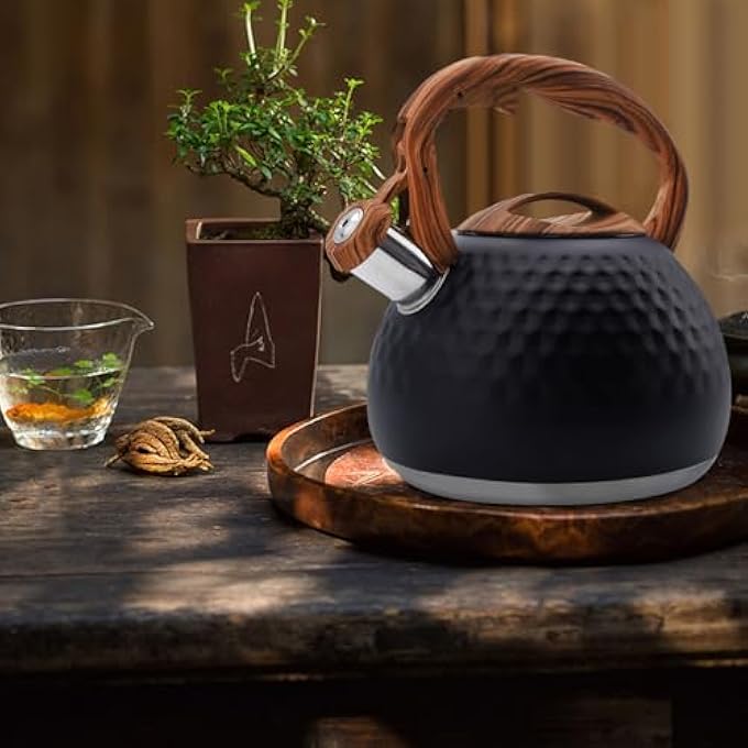 Funito Tea Kettle For Stove Top Loud Whistling Kettle For Boiling Water Coffee Or Milk 31 Quart 3L Heavy Stainless Steel Black Kettle With Wood Pattern Handle Unique Button Control Kettle Outlet - Image 3