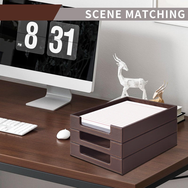 RHCSZ PU Leather Letter Tray - Load Documents Trays Front for Office Desktop Organizer - Desk Magazine, File, A4 Paper Holder - Paper Document File Holder Drak Brown (Drak Brown, A4-Tray) - Image 2