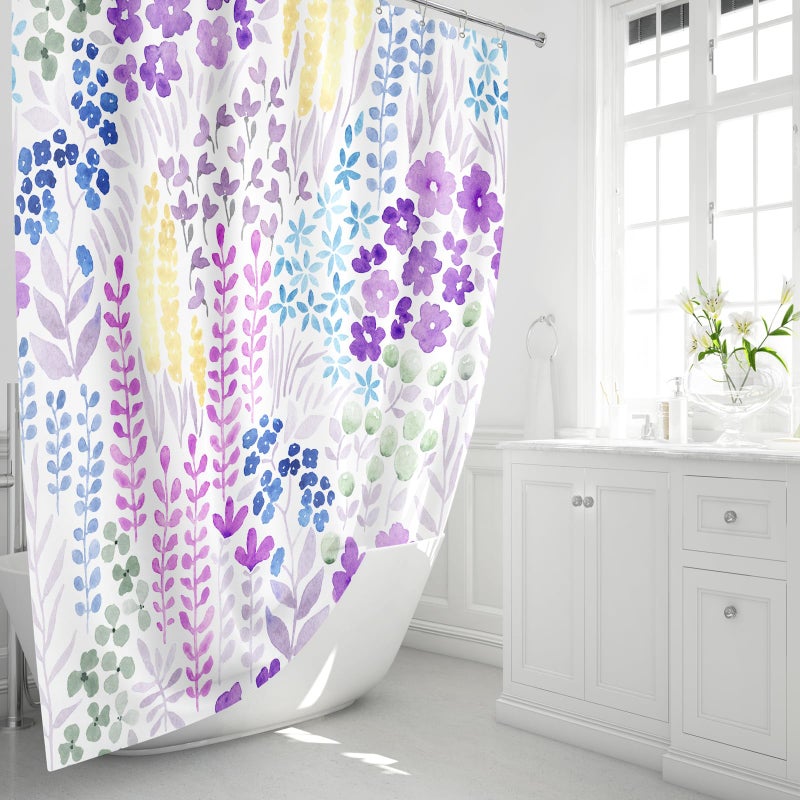 MAYZUS Extra Long Shower Curtain 72 x 96 Inch  Floor to Ceiling X-Long Tall Purple Floral Shower Curtain for Bathroom  Colorful Wildflower Boho Cottagecore Fabric Shower Curtain Set with Hooks - Image 1