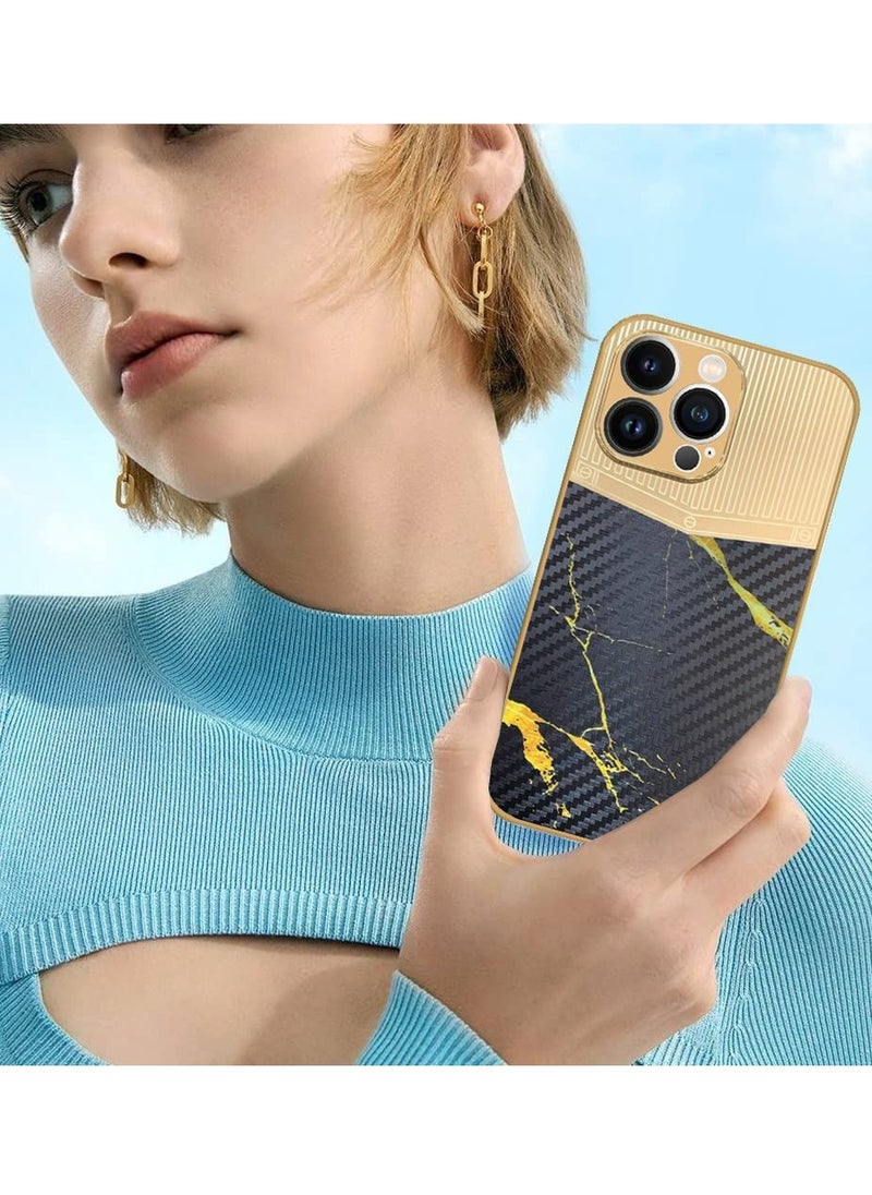 JOWAY iPhone 13 Pro Luxury Gold Plated Case Hybrid Electroplated Frame Back Cover with Carbon Fiber Texture Marble Pattern Black/Gold  - Image 4