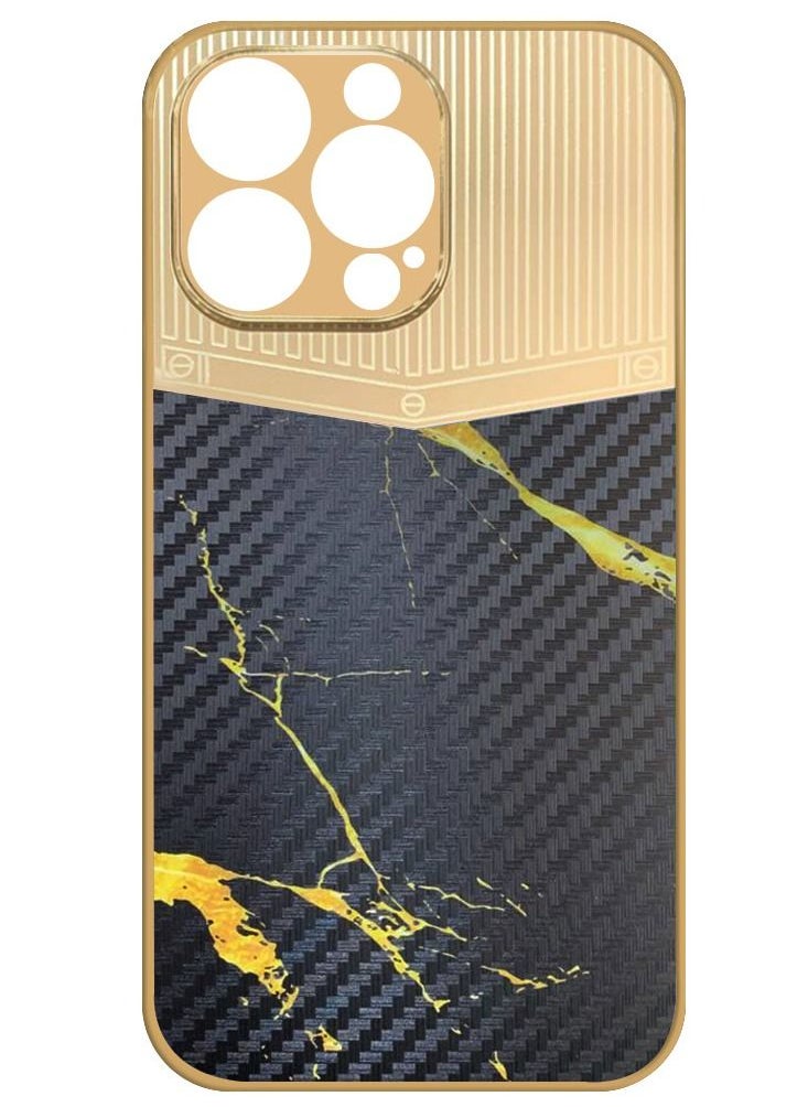 JOWAY iPhone 13 Pro Luxury Gold Plated Case Hybrid Electroplated Frame Back Cover with Carbon Fiber Texture Marble Pattern Black/Gold  - Image 2