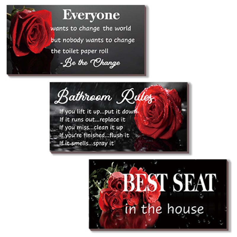 DONFENTHY 3 Pcs Red Bathroom Rules Decor Rustic Farmhouse Wooden Best Seat in The House Rose Hanging Wall Art Toilet Bathroom Accessories(Red 10x5") - Image 1
