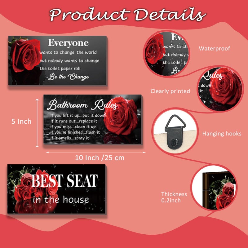 DONFENTHY 3 Pcs Red Bathroom Rules Decor Rustic Farmhouse Wooden Best Seat in The House Rose Hanging Wall Art Toilet Bathroom Accessories(Red 10x5") - Image 4